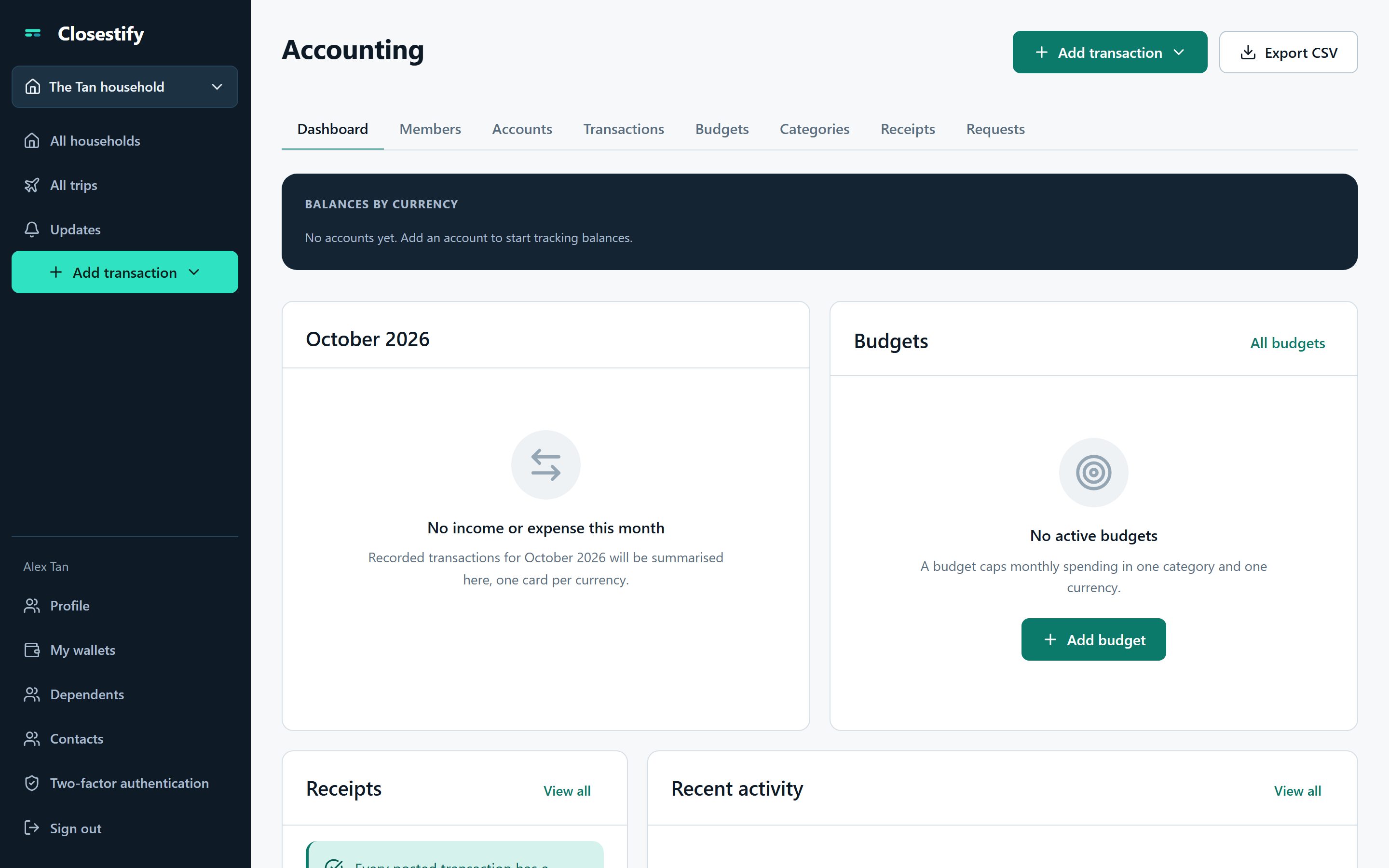 The household accounting dashboard: balances by currency, the month, budgets, receipts and recent activity.