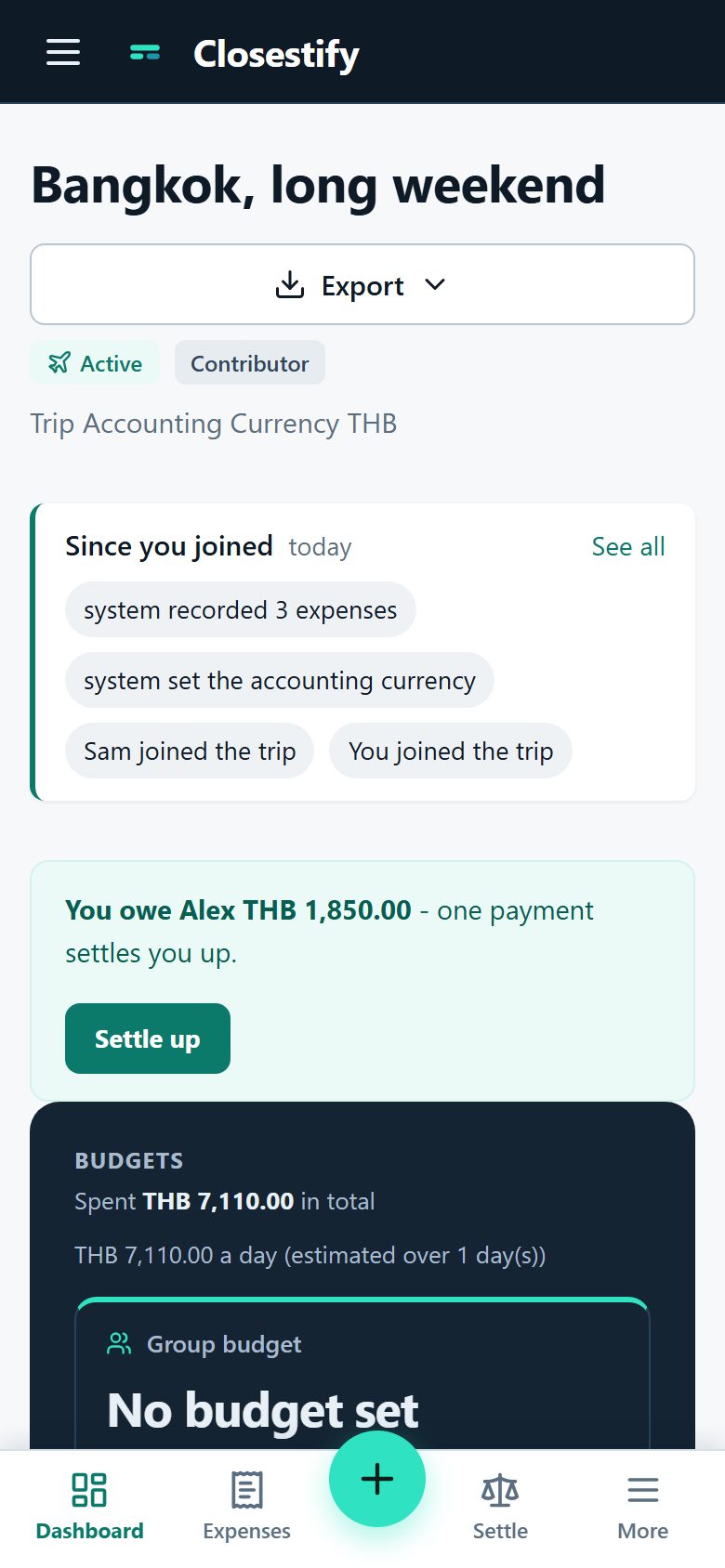 The trip dashboard on a phone, answering first: You owe Alex THB 1,850.00 - one payment settles you up.